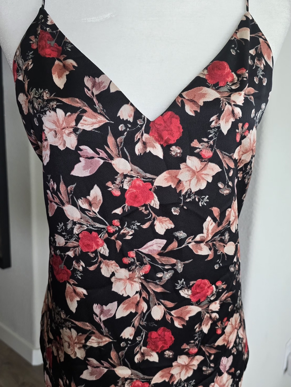 Express Black Floral Camisole with Red and Blush Flowers